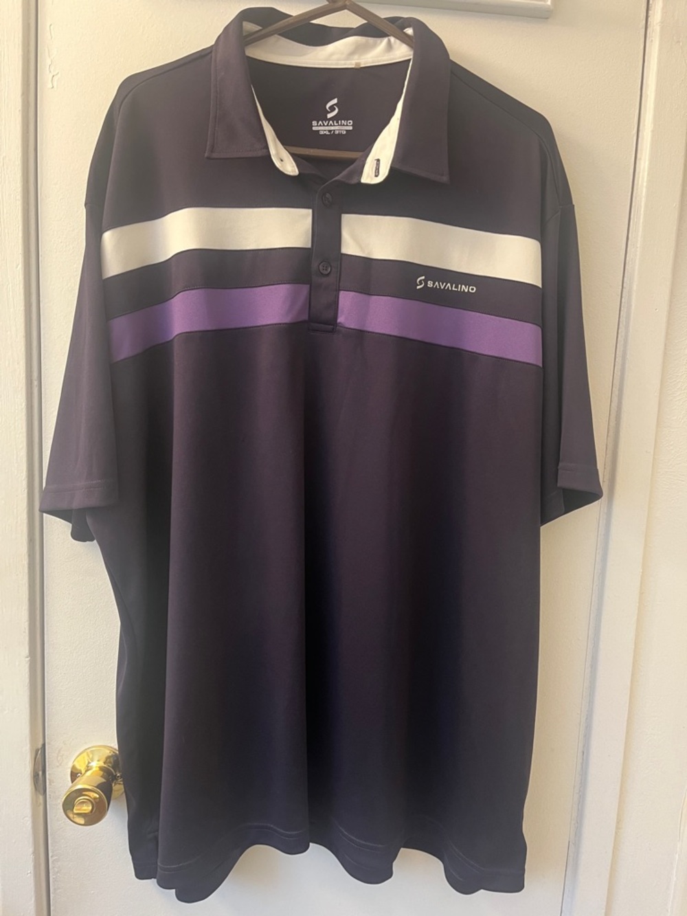 Men's Black Polo Shirt with White and Purple Stripes